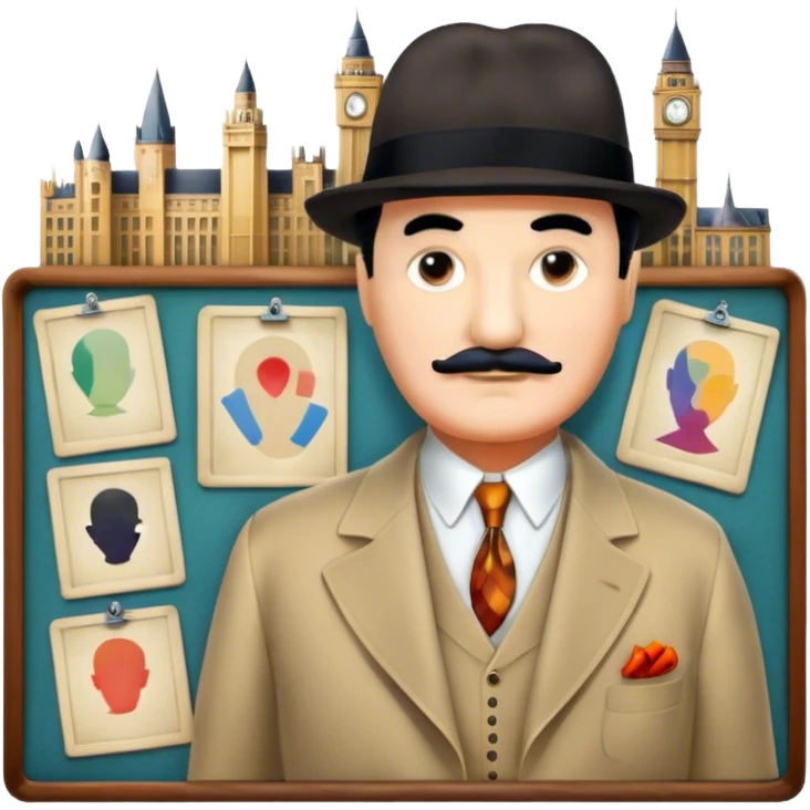 Icon for Detective Movies: A colorful collage with Hercule Poirot and mysterious city backdrop. Include a board with photos of suspects, clues like fingerprints and a crime scene. Retro movie poster style. Transparent background. emoji