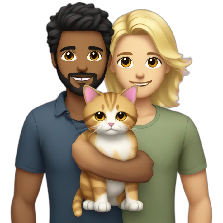 Gay male couple Latino Black hair and beard male and Australian blonde hair male , with a cat in the middle emoji