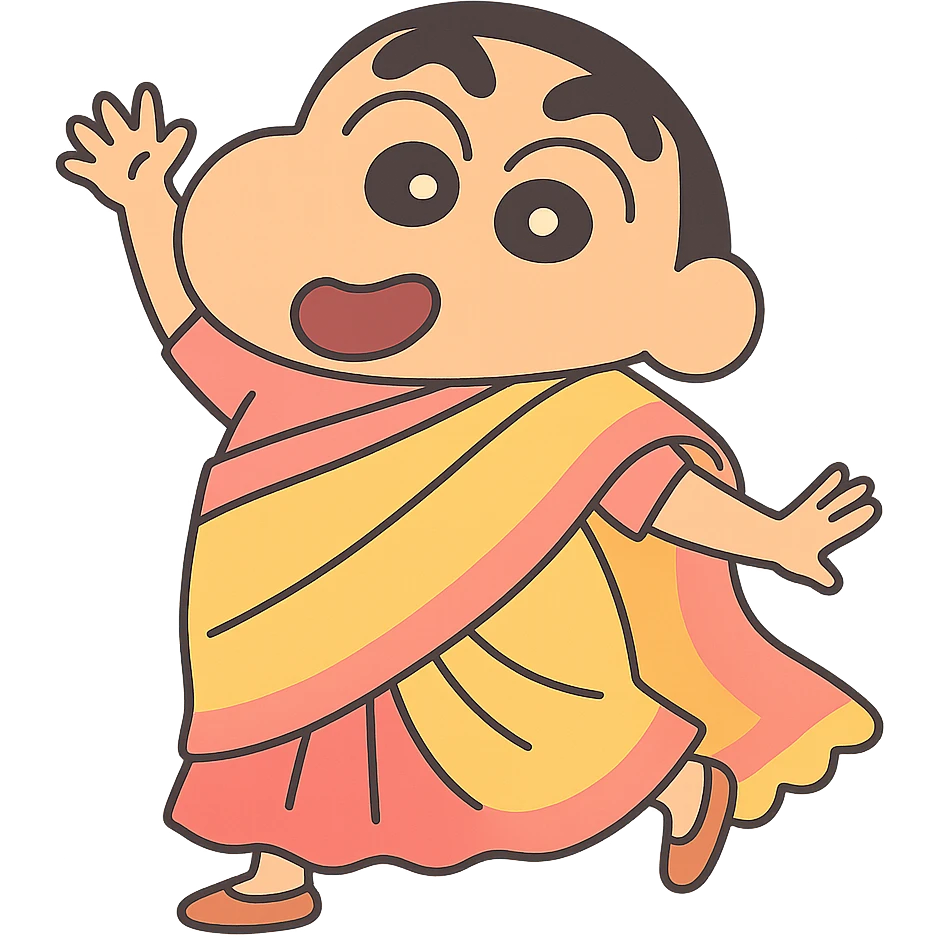 Shinchan in a traditional Indian saree, playful pose, pastel colors emoji