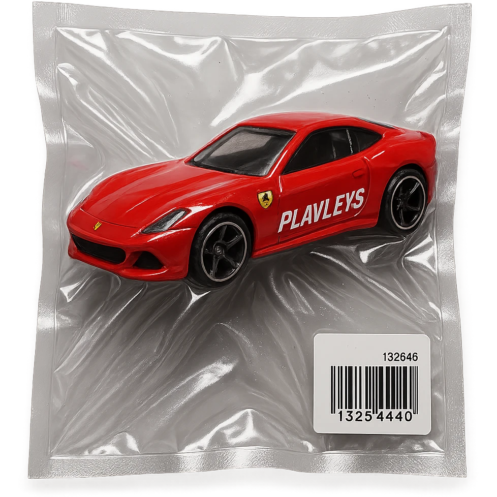 red Ferrari Hot Wheels car in packaging, 'PLAVLEYS' in italic racing font on the side, glossy and puffy vacuum-sealed style emoji