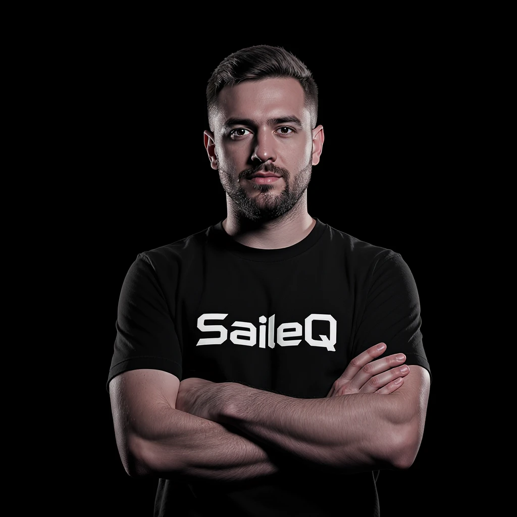 Csgo pro player profile proffesional photo, low key light back light, man standing crossed hands with tshirt with text "SaileQ" black solid background emoji