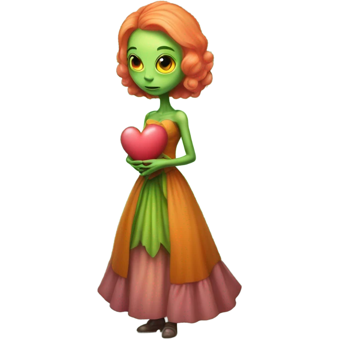 a green alien woman in Victorian orange dress, pink hair,holdig, red big hearth, full body emoji