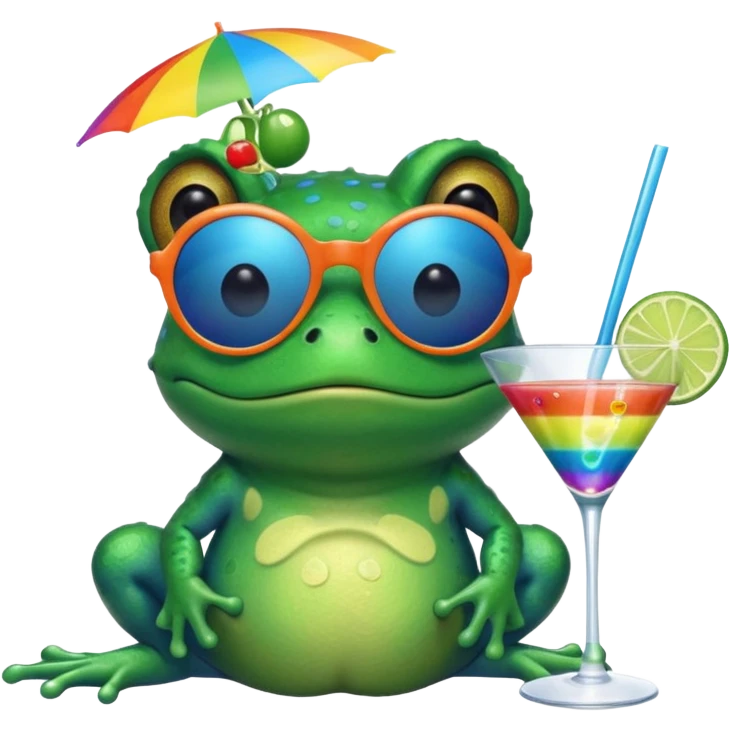 Bufo frog with blue sunglasses, sipping a rainbow cocktail, in bufo style, transparent background emoji