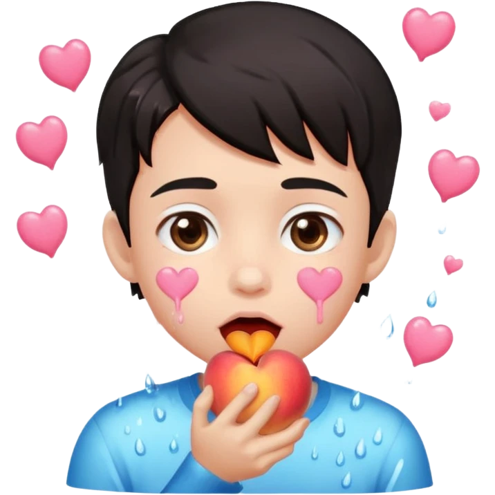 Cute boy, light pink eyes, grown out dark hair, eating a peach, pink hearts floating , water dripping from mouth emoji