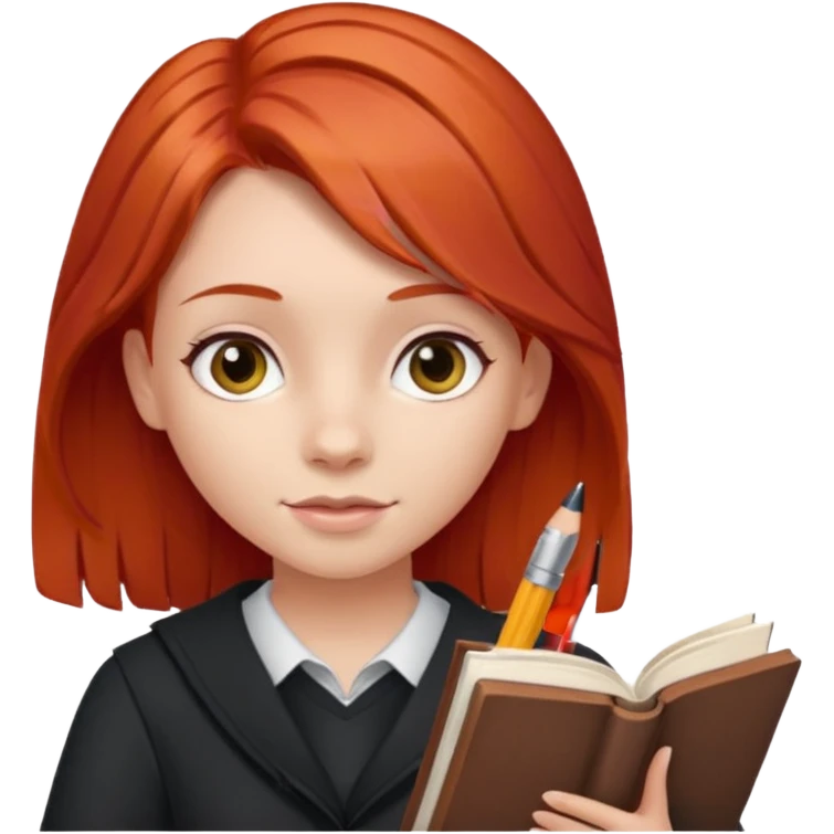 Girl with red hair around 8 with book and pen emoji