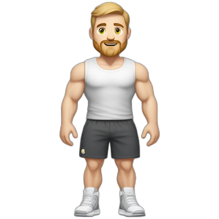Full height Pale skinned fit man With biceps, Realistic eyes and mouth, light brown hair and stubble In dark gray sleeveless mike, black oversize sports shorts, watch and white sneakers. emoji