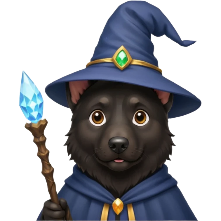 all black german shepherd face wearing a wizard hat and staff and magic emmiting from him emoji