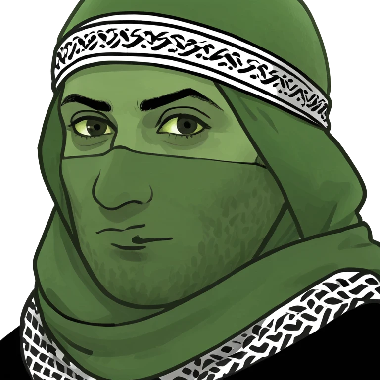 memoji-style brown man with a Palestinian keffiyeh scarf wrapped around his entire face, leaving only the eyes visible emoji