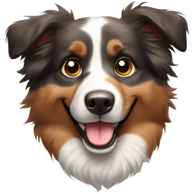 Australian Shepherd with a combination of gray, black, and brown fur, expressive brown eyes, and a big, happy smile. Its ears are fluffy, slightly perked, and it is wearing a red tag on its collar. emoji