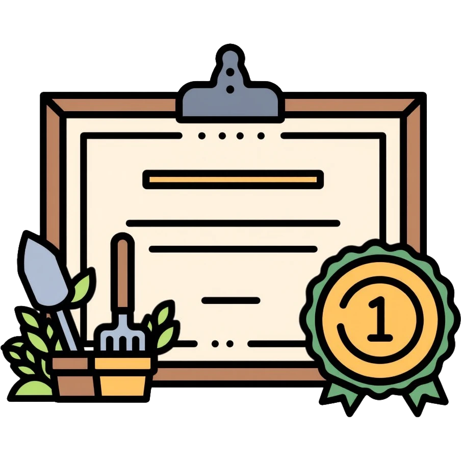 Certificate with gardening tools and plant award emoji