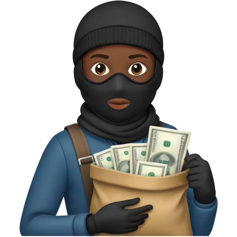 Ski mask holding bag of money with black face like skin color black emoji
