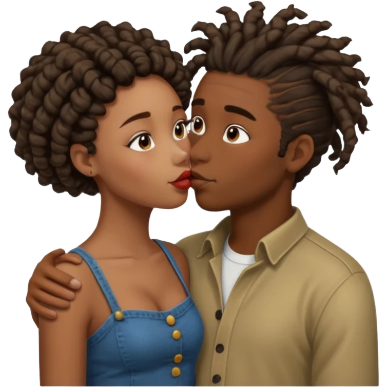 Brown boy with dreadlock kissing black girl with curly bun emoji