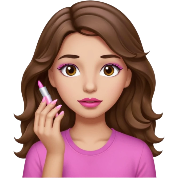 girl with long wavy brown hair, brown eyes, light to medium complexion, in a pink shirt, pink lips, long lashes, puckered lips, just had my nails done emoji