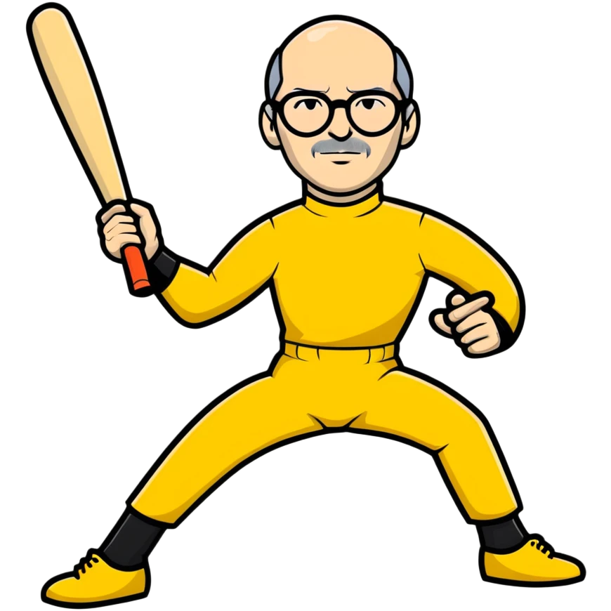 Steve Jobs with glasses and black turtleneck under Bruce Lee yellow jumpsuit, holding baseball bat and ball emoji