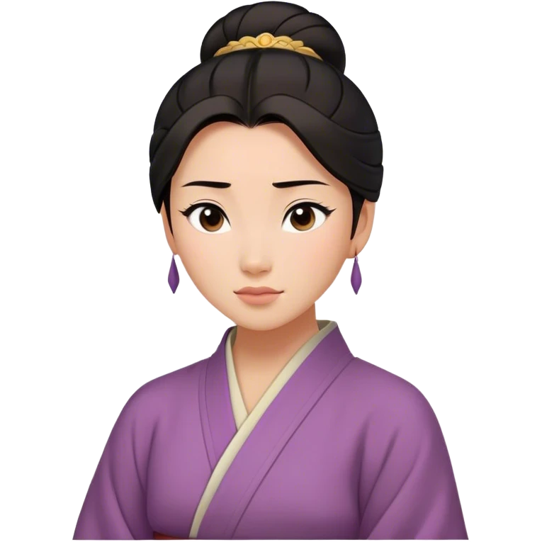 Cinematic Serene Mulan Portrait Emoji, rendered in a simplified vector style. Depict a gentle Mulan (chest and above) with warm, radiant skin, sleek dark hair pulled back in a neat bun, and a calm, thoughtful expression, wearing a simple traditional robe in muted hues. The design glows softly with an elegant, inviting light. emoji