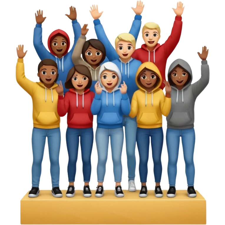 multi-racial group on a winners’ podium, middle step higher, no numbers, all in jeans and hoodies, very excited, fun, expressive emoji style emoji