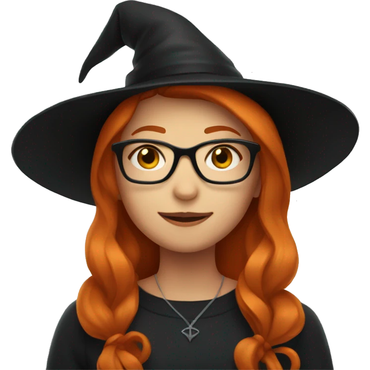 A girl with ginger hair wearing glasses and a witch hat emoji