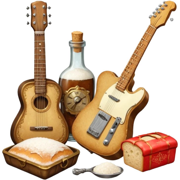 steampunk victorian - a bottle of salt (salt shaker) and a loaf of peasant bread with a small electric telecaster guitar - still life composition emoji