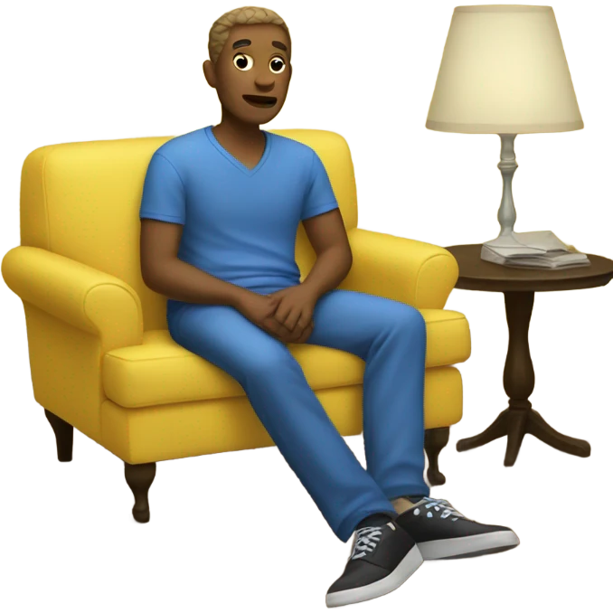 White human male in blue dress, sitting on jellow couch  emoji