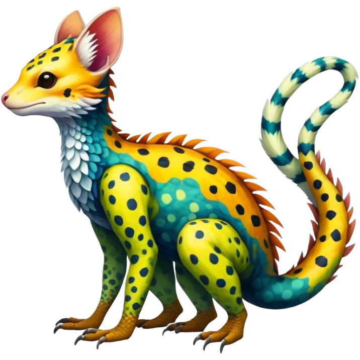 Feral Rare Fantasy vibrant colorful tropical Vernid-Trico-species by LiLaiRa, random markings, tufted tail, tufted ears, full body emoji
