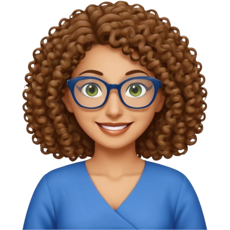 40 yr old Iranian woman, light brown very curly thick hair, shoulder length hair, green eyes, tan skin, big smile, big glasses, with pretty blue dress emoji