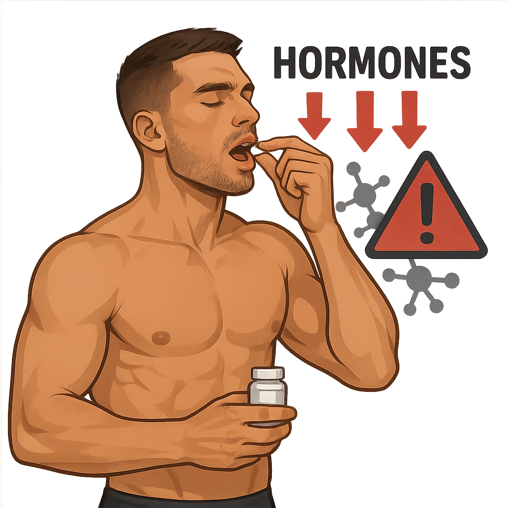 muscular young man taking a pill, hormonal diagram with downward arrows and danger symbol behind him, isolated on white background emoji