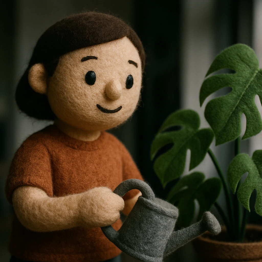 woman watering her monstera plant emoji