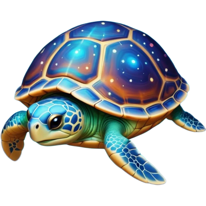 Quasar Turtle emoji – full body, large turtle with a smooth glowing shell shaped like a cosmic quasar, simple light effect in the center of the shell, stars in the shell, no patterns, no aura, slight side angle, no background
 emoji