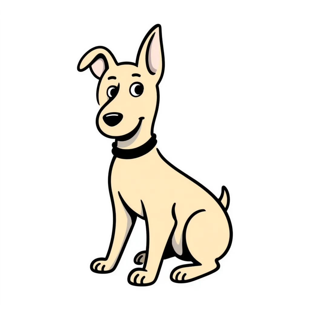 A Doberman dog with pointy ears and sleek body in pastel colors (dd9fb0, ffc6d3, a3bfc9, c4bee2, f1b091), hand-drawn doodle style emoji