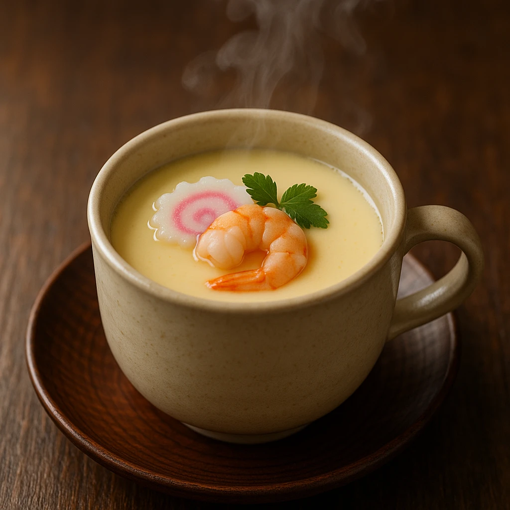 steamed egg, Japanese chawanmushi style, in a cup, delicate steam emoji