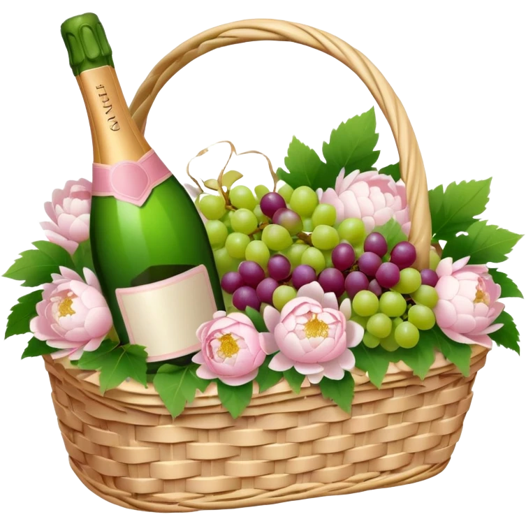 White Picnic basket with light pink bow, white peonies, grapes and one pink champage bottle inside emoji