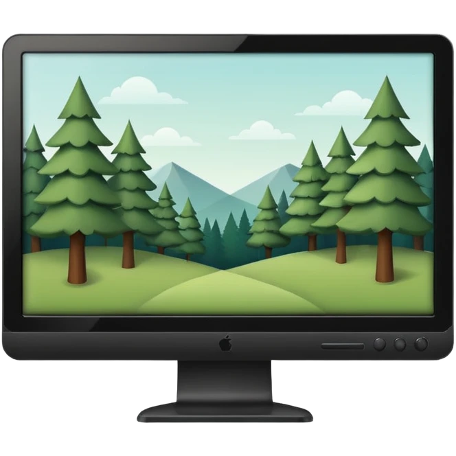 Minimalistic flat vector icon, iOS style, thin black contour on white background. Computer monitor with a simple forest scene on the screen (trees, minimal landscape). Clean, no text, no shadows emoji
