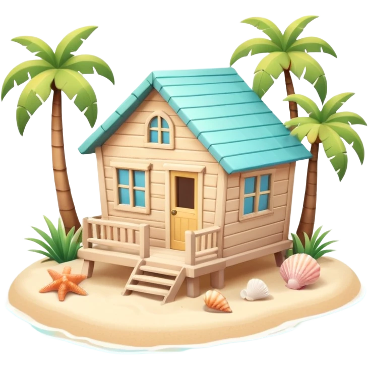cute beach house, small seaside house, wooden walls, pastel colors, palm trees, seashells, warm sunlight, 3D cartoon, mobile game icon style, soft shadows, clean background, no text, no watermark
 emoji