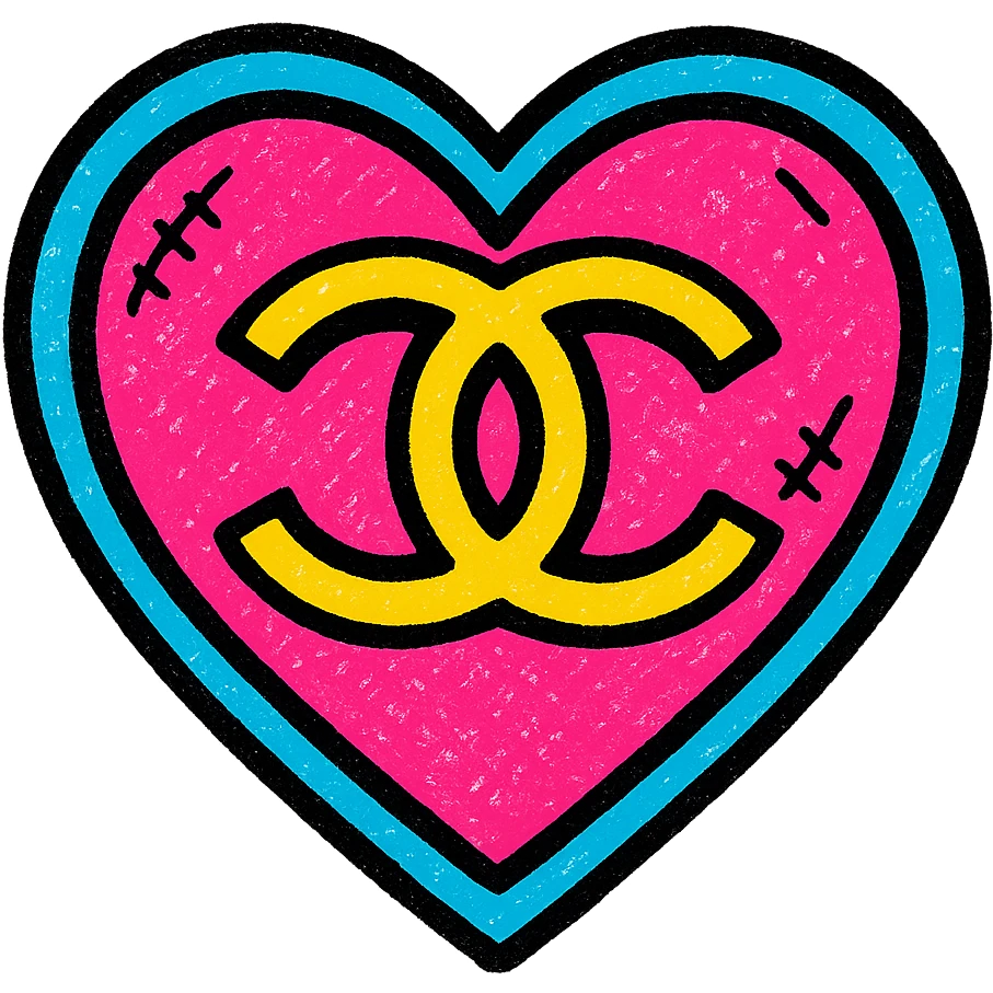 Chanel heart in vibrant pop colors style, bold, black and white, with gold accents emoji