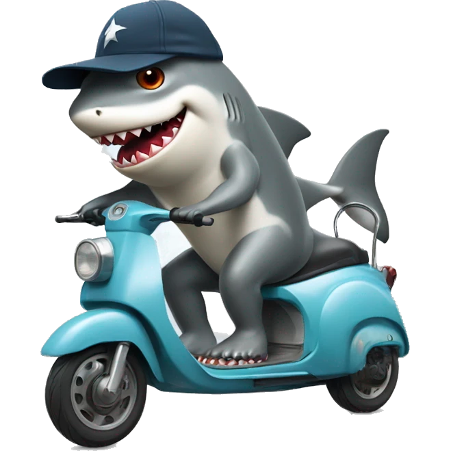 A shark riding a scooter with a backwards hat emoji