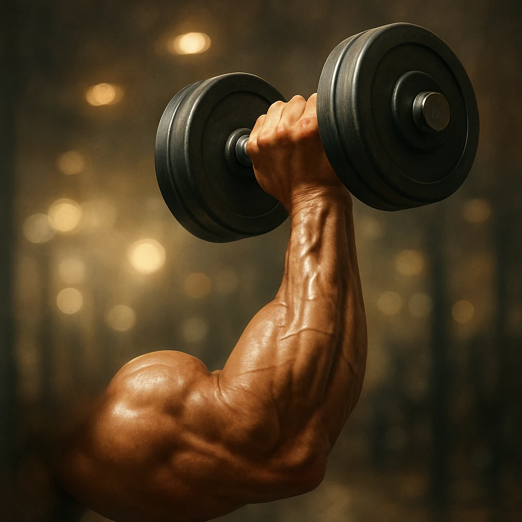 realistic illustration of a well-developed bicep muscle lifting a dumbbell, focus on the arm and contracting bicep, motivational atmosphere emoji