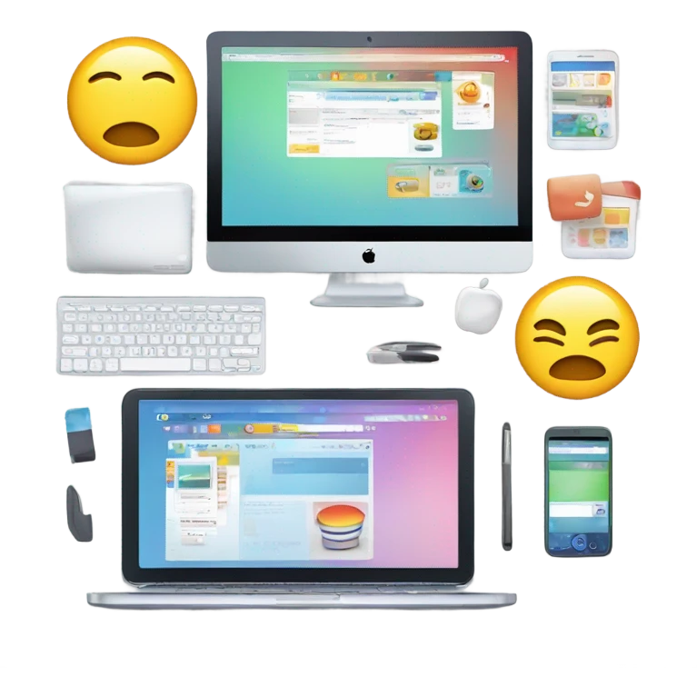 A bright, clean illustration showcasing a modern tech environment for web design and e-commerce solutions. emoji