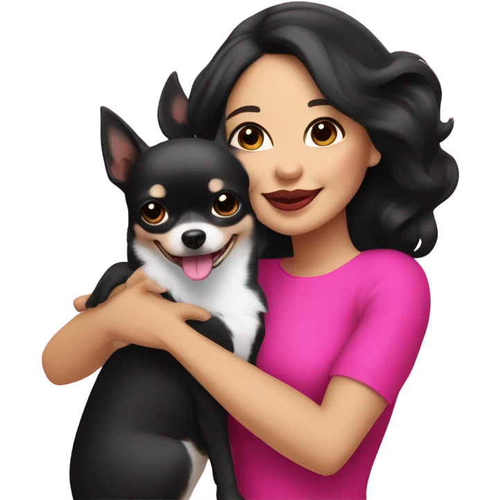Thick medium black hair and hot pink lips and pink cheek smiling mature Filipino lady hugging black and white Chihuahua  emoji