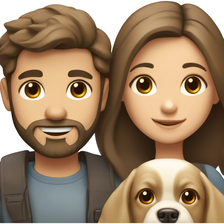 Brunette happy couple boy with beard and girl  with long hair with one cute beige French bull dog  emoji