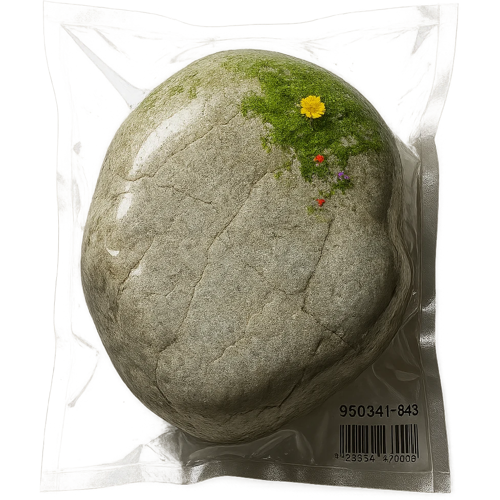 smooth light gray boulder, mostly stone with some green moss and a few tiny multicolored flowers, shiny and inflated emoji