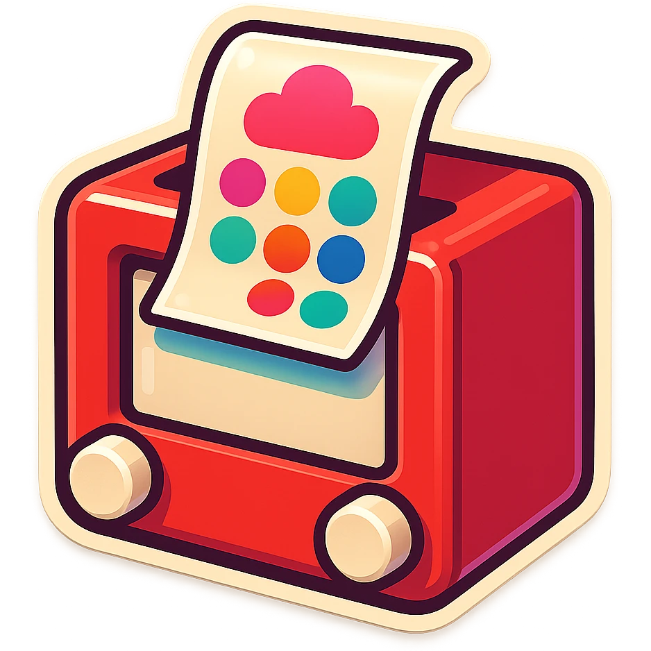 Create a colorful sticker that appears halfway printed, emerging from the top of a 3D Etch A Sketch-inspired box. Maintain the red frame, white knobs, and the playful, tech-forward aesthetic of the original design. emoji