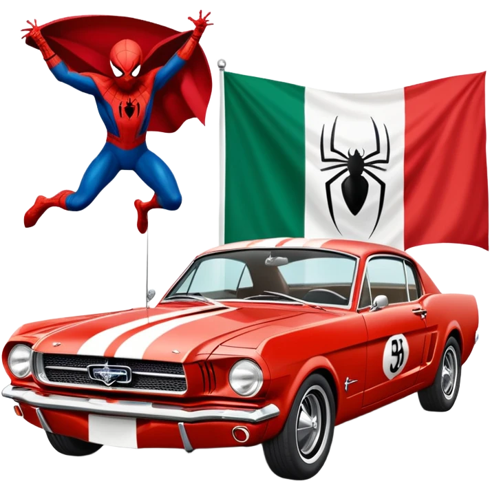 Spider-Man next to a 65 fastback Mustang with the Mexican flag painted on the Mustang emoji