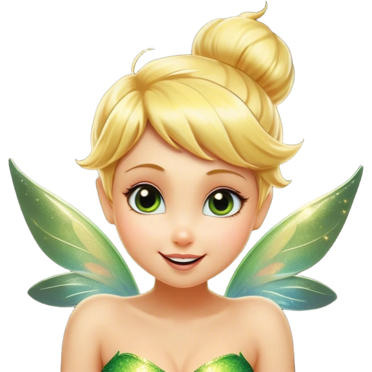 Cinematic Realistic Blonde Tinker Bell Fairy Portrait, head tilted dramatically with an exaggeratedly amused expression, featuring a striking, lively pixie form with radiant golden blonde hair and luminous, iridescent wings dusted with playful sparkles. Her expressive eyes brim with cheeky mischief, rendered with vibrant, lifelike textures and dynamic natural lighting that imbues the scene with an air of magical whimsy and over‐the‐top fairy fun. emoji