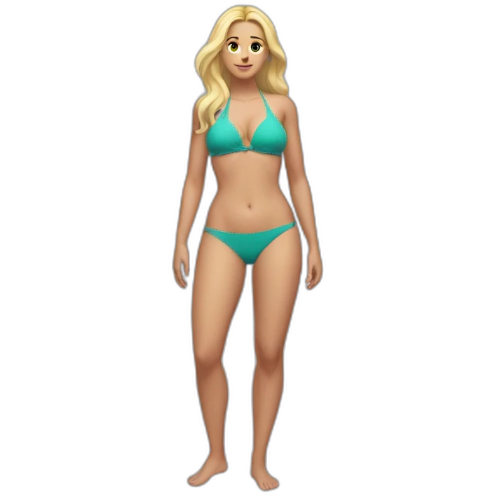 Slim-thicc Caucasian woman bikini hands-in-hair pose (beach body) full body emoji