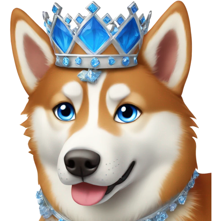 red siberian husky with blue eyes wearing a crown emoji