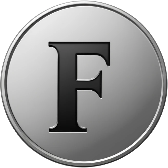 Emoji icon of a metal coin with engraved letter F, minimalist style, isolated, only black color emoji