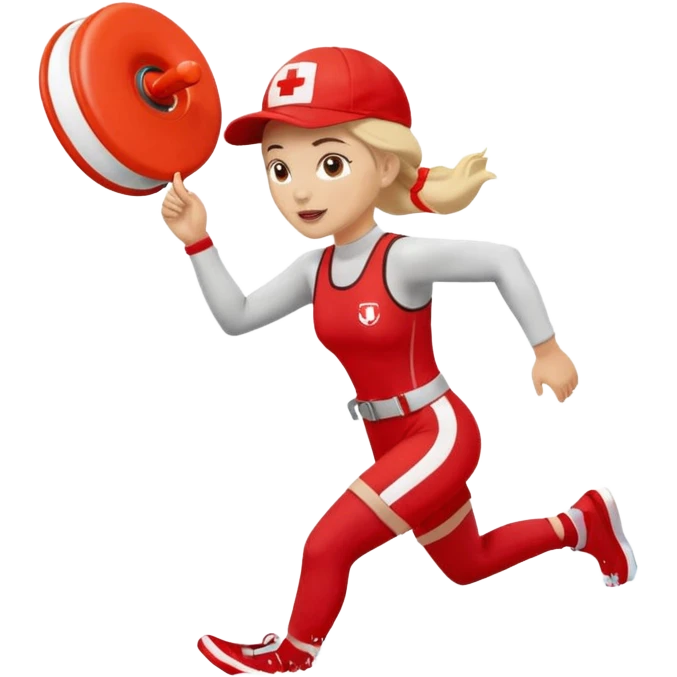 Female lifeguard – red cap, running along shore with rescue buoy emoji