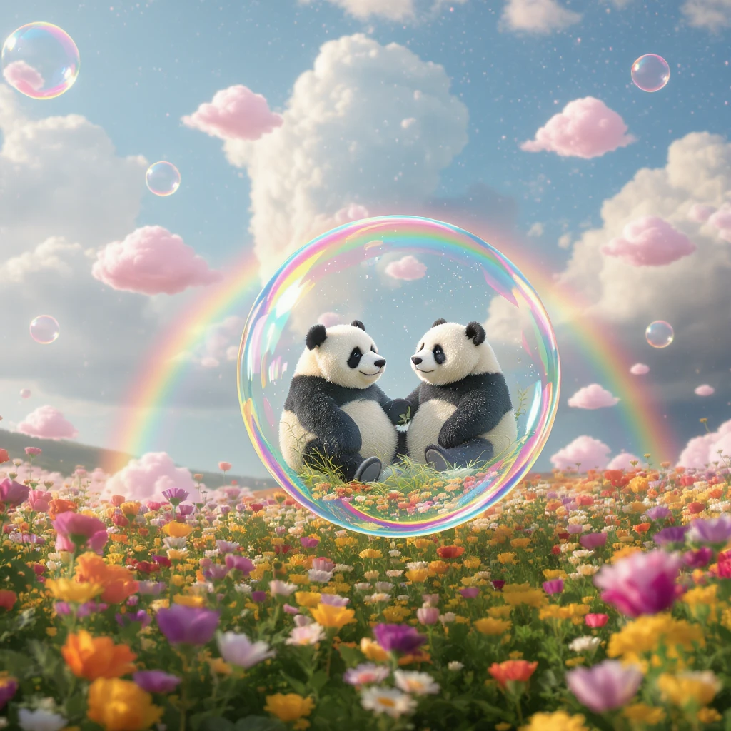 Cinematic still pandas bears sitting inside bubbles flying over field full of flowers, sunny summer day, happy vibe, colorfull surround, rainbow, small cute pink clouds around, minimalisic emoji