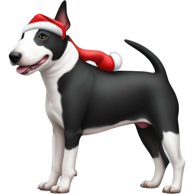 Black and white Bull terrier with Santa hat emoji