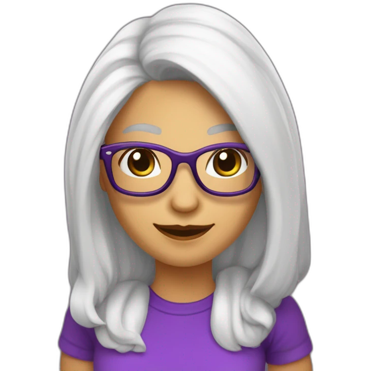 mujer-piel muy blanca-con gafas-sonriendo-camisa morada-pelo corto hasta el hombro-pelo color cafe,con un computador,muy detallada emoji